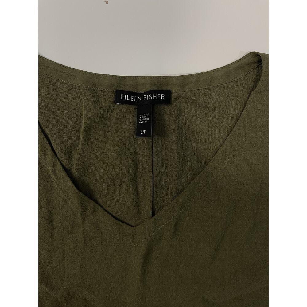Eileen Fisher SILK Mini Dress Womens Size S Olive Green V-Neck Pockets